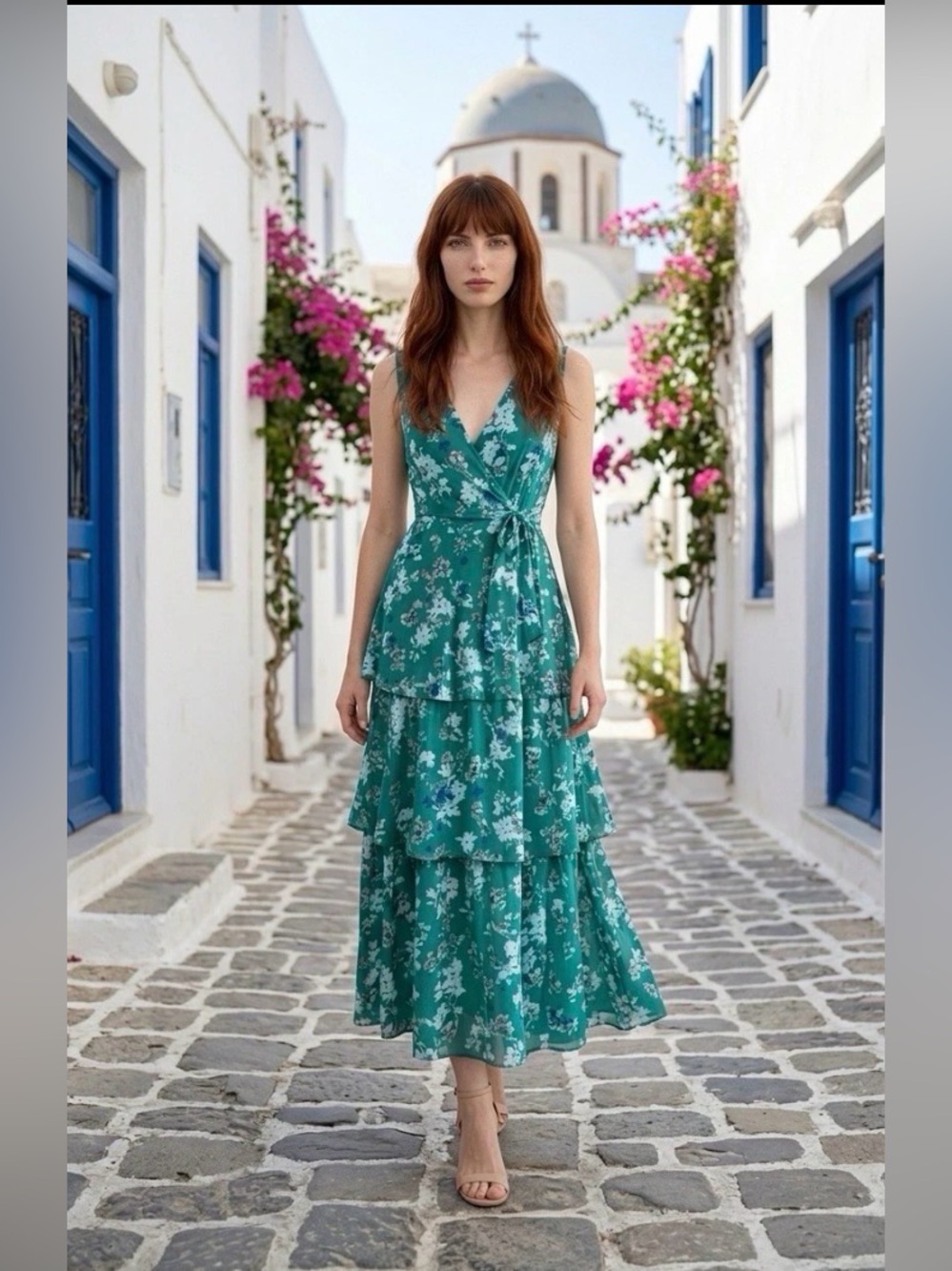 New Green Floral Wrap Tiered Maxi Dress